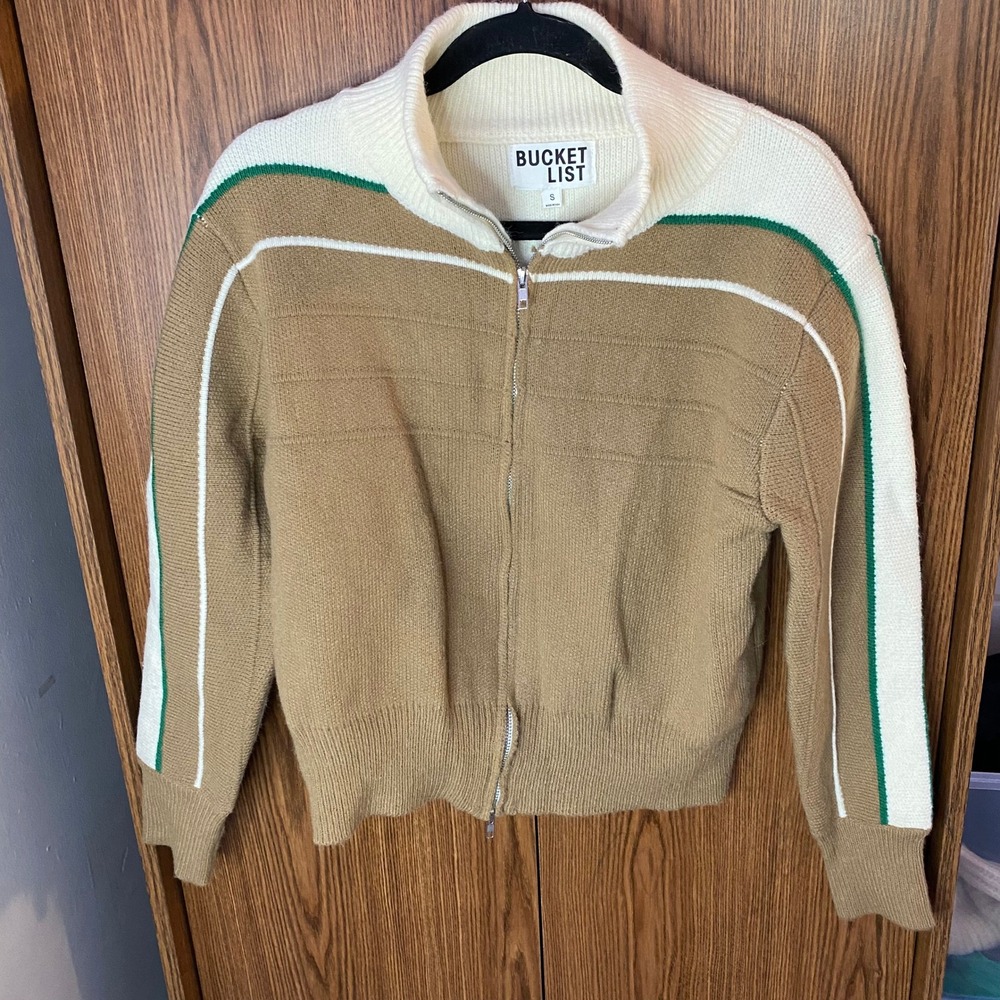 Bucket List Full Zip Sweater Jacket Womens Small Tan Cream Green Colorblock